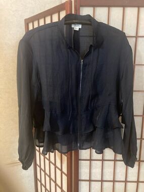 TAE'S Navy Ruffle Zip-Front Lightweight Jacket